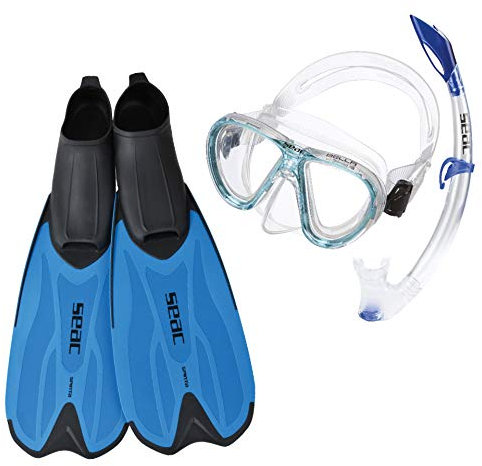 Seac Unisex-Adult Spinta Set mit Schuh-Flossen, Unterwassertauchmaske und Spritzschutz-Schnorchel für Erwachsene und Kinder, blau, 28/30