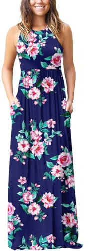 PCEAIIH Women's Casual Sleeveless Maxi Dress Loose Long Dresses with Pockets (S-B-Flower Navy Blue)