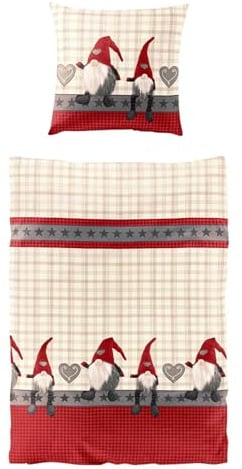 Traumschlaf weihnachtliche Biber Bettwäsche Wichtelmänner aus 100% Baumwolle mit Reißverschluss 135x200 cm + 80x80 cm