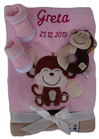 Geschenk Baby aus Babydecke rosa Äffchen mit Namen bestickt Rassel Affe Babysocken Taufe Geburt