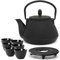 Teekanne asiatisch Gusseisen Set 0.8 Liter - schwarze Gusskanne mit Henkel & Edelstahl Tee-Filter Sieb-Einsatz für losen Tee & 6 Teebecher (Tassen) & Untersetzer