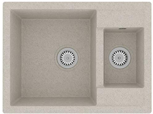 Tidyard Lavandino Cucina Doppia Vasca in Granito Nero/Grigio/Beige/Bianco con Foro Troppopieno,Lavello Cucina 2 Vasche in Granito,Lavello Incasso,Lavello Cucina Incasso,Lavello 2 Vasche 580x440x172mm
