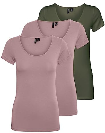 VERO MODA Vmmaxi My SS Noos Women’s Soft Scoop Neck T-Shirt, Multicoloured (2 x Woodrose / 1 x Dusty Olive), XXL