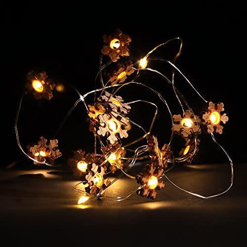 com-four® LED Lichterkette mit Timer - energiesparende Weihnachtsbeleuchtung - Lichterkette mit 20 LED-Schneeflocken aus Holz - Weihnachtdekoration für Innen (01 Stück - 20 LEDs Schneeflocke)