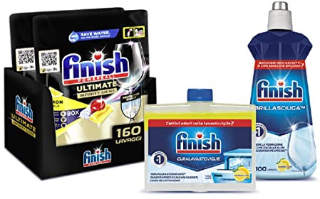 Finish Quantum Infinity Shine pastiglie lavastoviglie Lemon, 160 pastiglie per lavastoviglie + Finish Curalavastoviglie Limone + Finish Brillantante, Additivo Lavastoviglie