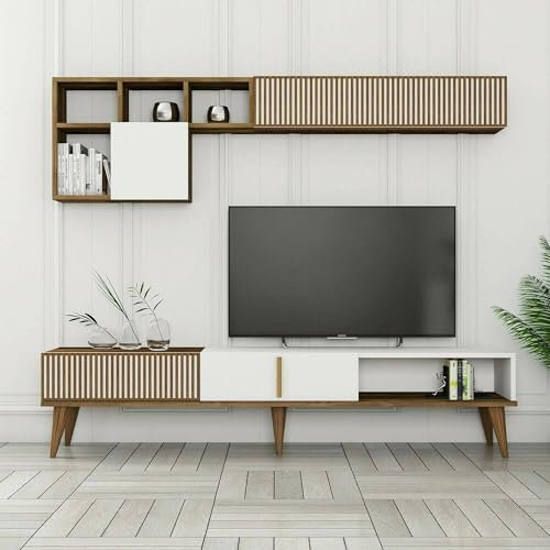 Dmora - Wohnzimmermöbel Gemini, Modulares Wohnzimmerset, Mehrzweck-Wohnzimmermöbel, Moderner TV-Schrank, 180x35h40 cm, Walnuss und Weiß