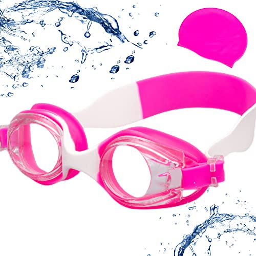 JINPXI Occhiali da piscina per bambini con cappello da nuoto gratuito, occhiali da nuoto per bambini, occhiali da nuoto per bambini, anti-appannamento anti-UV, senza perdite, adatto per bambini 3-12