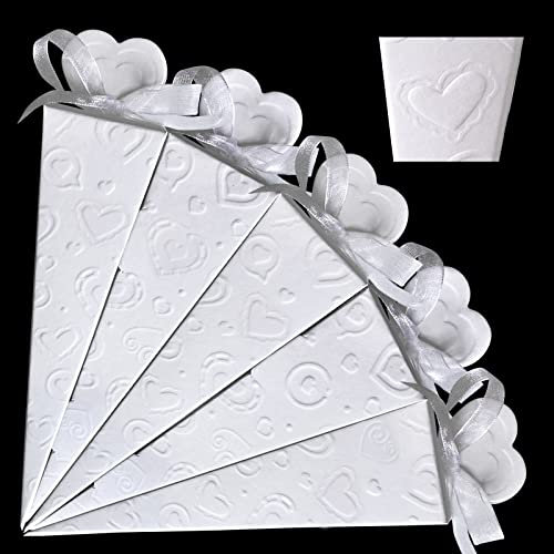 BETESSIN 50 pz Coni Portariso Matrimonio Bianco Coni Portaconfetti Cuore Bomboniere con Nastro di Organza per Matrimonio Nozze Battesimo Baby Shower Compleanno