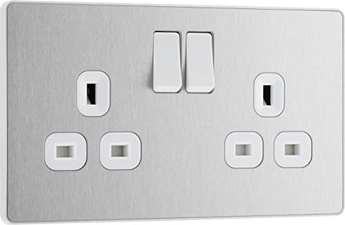 BG Electrical Double Switched Power Plug Wall Socket, Screwless, Evolve, Brushed Steel, 13A, PCDBS22W