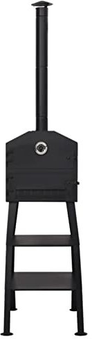 Gecheer Pizzaofen Pizzabackofen Räucherofen Holzkohle Ofen Grill mit 2 Schamottesteinen Thermometer Stahl Schwarz