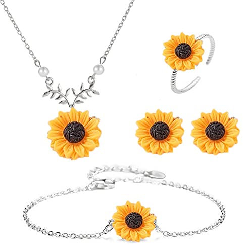 Wedity Sonnenblumen-Halskette, Sonnenblumen-Ohrringe, Ring, Blumen-Armbänder, Schmuck-Set, verstellbar, für Frauen und Mädchen (Silber)