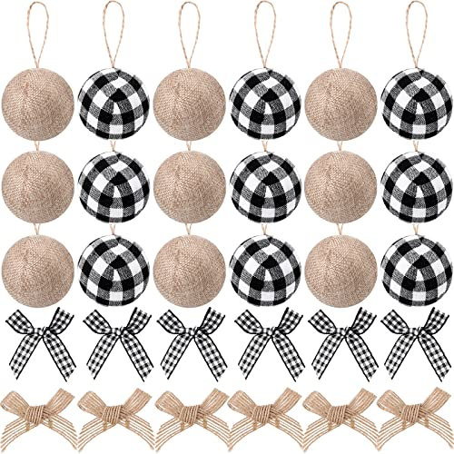 Suilung 30 Adornos para árbol de Navidad, 18 Adornos de arpillera a Cuadros de búfalo con 12 Mini Lazos de arpillera a Cuadros para decoración rústica del hogar, Interiores (Blanco y Negro)