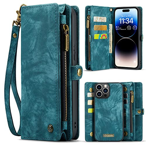 SWP Case for iPhone 14 Pro Max, Wallet Case w/Magnetic Detachable Cover [8 Card Slots] Clutch Wallet w/Wristlets Money Pocket for iPhone 14 Pro Max (Teal)
