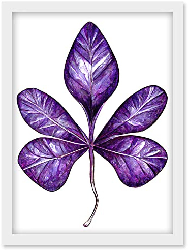 Wee Blue Coo Purple on White Money Tree Leaf Modern Simple Illustration Artwork Framed Wall Art Print A4