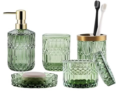LaMarriti Ensemble Complet d'accessoires de Salle de Bain en Verre 5 pièces, Distributeur de Lotion, Porte-Savon, Porte-Brosse à Dents, gobelet, Pots à Cotons-tiges, décoration de Salle de Bain