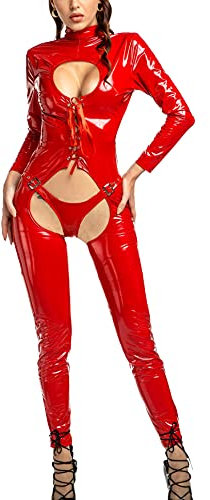 FEOYA Damen Eritic Kleidung Nachtkleidung Stretch Leder Long Jumpsuit Halloween-Kleider Erwachsene Kostüme Catsuit Catwomen Kleidung Push Up mit Front Reißverschluss