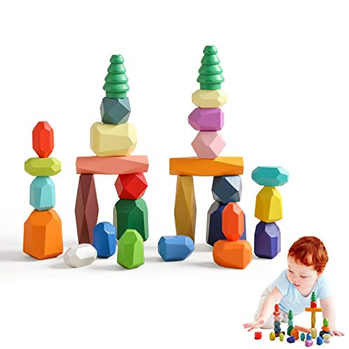 Promise Babe Jouets en Bois Montessori pour Enfants,28 PCS Forêt Arbres Pierres empiler Pierres d'équilibre Pierres de Construction, Jouets en Bois à empiler Trier Empiler Pierre d'équilibre Déco 3+