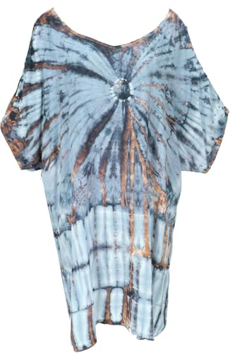 GURU SHOP Schulterfreies Batikdress, Cold Shoulder Tunika, Strandkleid, Weites Minikleid, Bigshirt - Blau, Damen