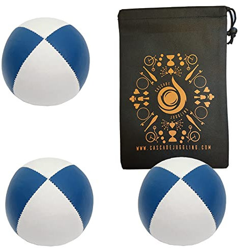 3 x Pro 76 g Cascade Mini Jonglierbälle – kleine Größe Qualität Thud Jonglierbälle & Tasche – Set mit 3 Jonglierbällen (blau und weiß)