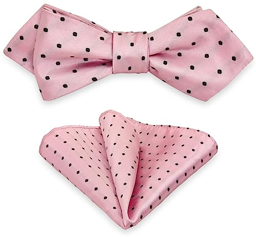 AUSUAYA Selbstgebundene Fliege Einstecktuch Set, Herren Smoking Selbstgebundene Fliege mit Taschentuch Für Hochzeit Party MS-B12 (Rosa mit schwarzen Polka Dots)