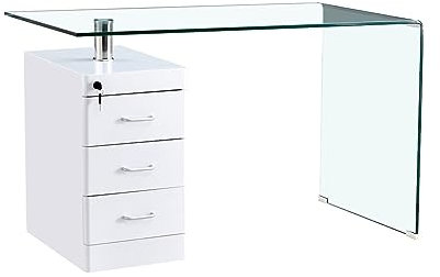 HABITMOBEL Mesa de Escritorio Remi diseño Cristal Curvado Acabado Transparente. Cajonera lacada Blanco Brillo