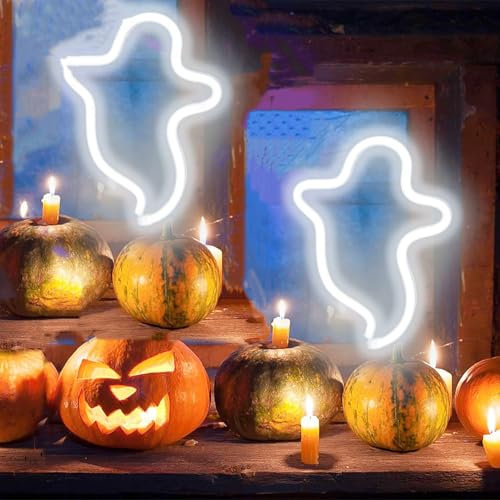 2 Stück Geister Halloween LED Ghost Neonschilder Horror Deko Nachtlampe Gothic Lichter Halloween Gruselige Innendekoration für Schlafzimmer, Wohnheim, Wand, Fenster, Weihnachtsfeier (Weiß)