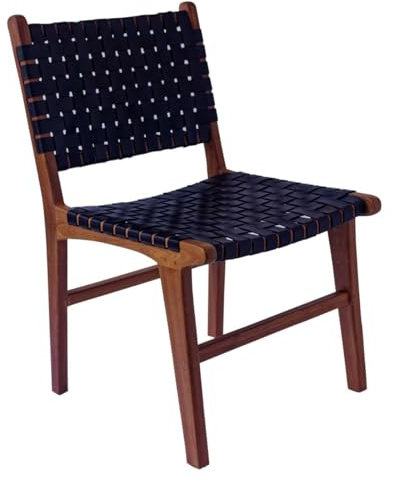 Lederstuhl SULIWA SCHWARZ aus Echt-Leder & Massivholz Teak | Qualität Esszimmerstuhl Retro-Stuhl für Küche Garten Terrasse Esszimmer | ICS711NBK