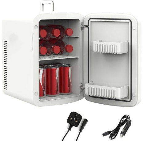 Crystals 4/10/15L Litre Mini Fridge, Table Top Small Fridge Cooler & Warmer for Car Bedrooms Desk Office, 12V DC - 220 AC, Mini Fridge for Bedrooms – Energy Efficient (White, 15L Litre)