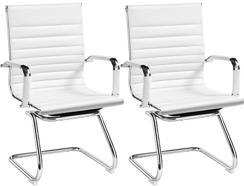 Yaheetech 2 Stück Esszimmerstühle Küchenstuhl mit Armlehnen, Besucherstuhl mit Chromgestell, Freischwinger aus PU, Konferenzstuhl für Esszimmer Schlafzimmer Wohnzimmer Weiß