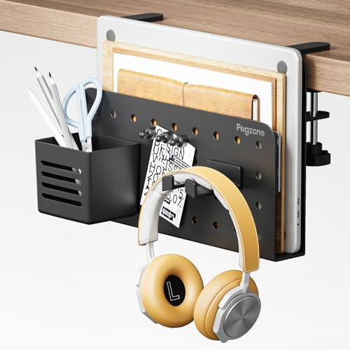 PEGZONE Desk Side Storage Organizer, No Drill Under Desk Laptop Holder, Clamp on Desks Shelf with Pegboard Accessories, Hanging Laptop Mount, Fits Flat Edge 0.4 to 2.2, Black
