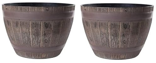 Jinfa 2er-Set Pflanzkübel aus Kunststoff in Weinfass Holzoptik bottich Miniteich | Farbe: Eiche | Design: Weinfass | Ø 38 cm