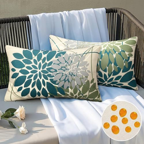 DecorMommt 2er Set Wasserdicht Kissenbezug Outdoor Sofakissen Blau und Grün Dahlie Blumen Muster Modern Dekorativ Kissenbezüge Kissen Leinen für Auto Home Bed Büro Cafe Garten Wohnzimmer,30x50cm