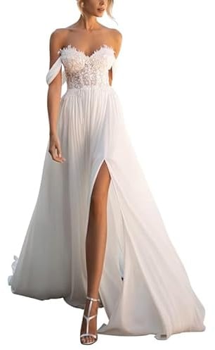 SEVENYXX Damen Brautkleider Standesamt Schulterfrei Hochzeitskleider Chiffon Brautkleid mit Schlitz, Ivory, 38