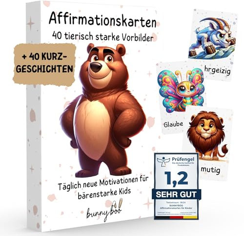 bunnyboo 40+1 Affirmationskarten Kinder - Selbstbewusstsein Stärken - in DEUTSCHLAND produziert - Routine Karten Kinder - Achtsamkeitskarten, Gefühlskarten für Kinder - inkl. ebook