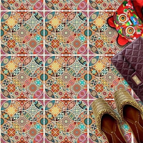 HUBDECO - Fliesenaufkleber - Küche, Badezimmer Deko - Klebefliesen - Bodenfliesen - Klebefolie Küche - Boden Schutzmatte - Selbstklebende Fliesen - 9 Stk. - Vintage Mandala - 30x30cm