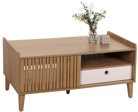 Mendler Couchtisch HWC-M48, Wohnzimmertisch Tisch Sofatisch, 52x114x59cm - Natur, Schublade weiß