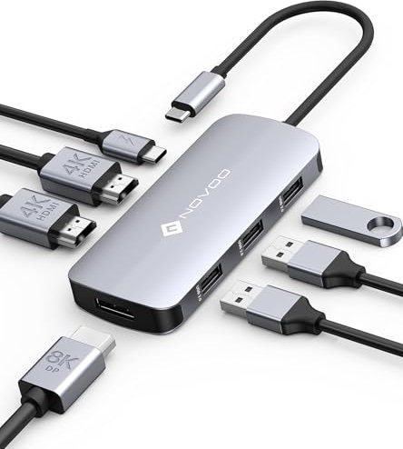 Docking station USB C Con Display Triples, NOVOO 7 in 1 laptop Adattatore Doppio Monitor, DP Singolo 8K@30 Hz, Doppio HDMI 4K@60 Hz, 3 Porte USB A, PD 100W Per laptop MacBook, Dell, HP, Lenovo
