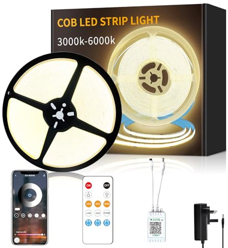Yeewhale COB LED Strip Lights 3000K 15M DC 24V Dimmable Warm White LED Strip Kit, with Remote and app Control and UKCA Power Supply LED Tape Lights,for DIY Home Decoration