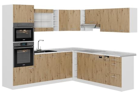 Vicco Eckküche R-Line, Küchenzeile in L-Form, Artisan Eiche/Weiß, 237 x 247 cm, AP Eiche