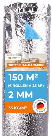 Trittschalldämmung mit Dampfsperre 150 m² Premium Silver Plus 2mm stark | 6 Rollen je 25m² | sehr gute Schalldämmung & Wärmedämmung | Fußbodenheizung geeignet für Laminat und Parkett