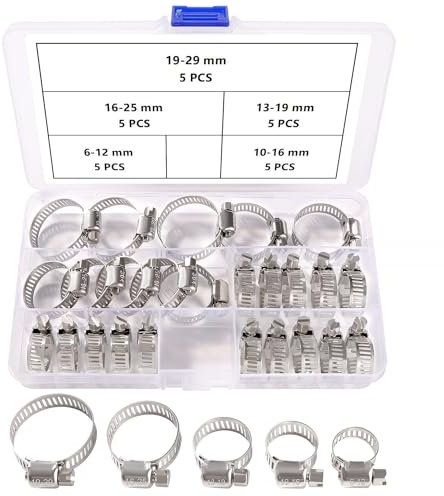 YIXISI 25 PCS 6-29 mm Hose Clips Set, 304 Stainless Steel Hose Clips, Adjustable Hose Clamps, Jubilee Clip, for Hose Pipe Tube, 6-12/10-16/13-19/16-25/19-29 mm
