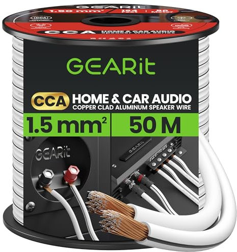GearIT 16 Gauge 2x1.5mm² Speaker Cable CCA Wire (50m - White) Copper Clad Aluminum - Great for Hi-Fi Home Theater and Car Speakers - 16awg