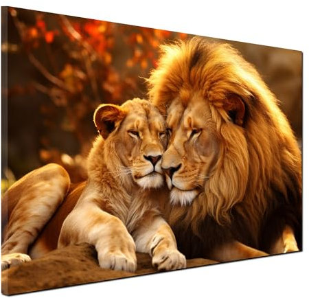 Löwenpaar Wandbild Leinwandbild Sonnenuntergang Kunstdruck XL Wanddeko Löwen Größe 120x80x2cm