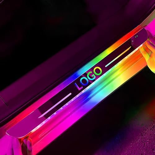 Car Door Sill Plate LED Lights, Wiring-Free Waterproof Led Door Sill Lights with Custom Logo, 7 Colors/25 Change Modes Car Door Pedal Lights, Custom logo, for All Car