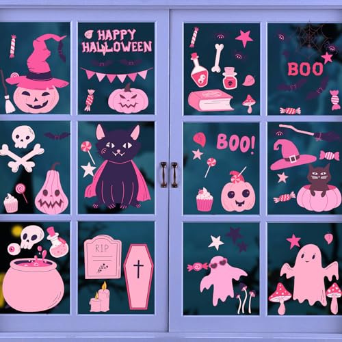 Hianjoo Halloween Deko Fensterbilder, Fenster Aufkleber Dekorationen für Kinder, 72 Stück Cartoon Fenstersticker Selbstklebend mit Geist Bat Kürbis, Halloween Fensterdeko für Kinderzimmer Party