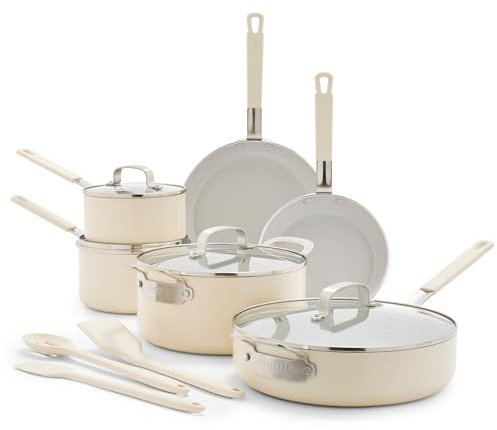 GreenPan x Bobby Flay 13 Piece Nonstick Cookware Pots and Pans Set, PFAS-Free Diamond Ceramic, Induction Suitable, Easy Clean Dishwasher & Oven Safe, Stay-Cool Silicone Handles, Glass Lids, Cream