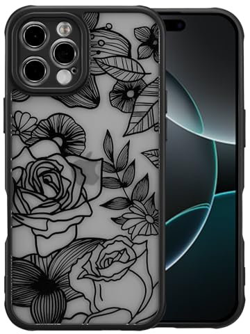 XIZYO Case for iPhone 16 Pro Max 6.9 Inch, Cute Frosted Translucent Rose Floral Flower Pattern Shockproof Cover, for Girls Women Luxury Soft TPU Protective Phone Case, Black