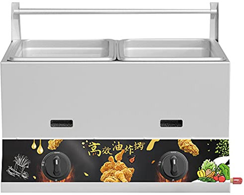PGKTKCWH Freidora a Gas Industrial, freidora a Gas, Acero Inoxidable, freidora Doble, Gran Capacidad 22L, con cestas extraíbles, Potencia de Fuego Regulable, fácil de Limpiar