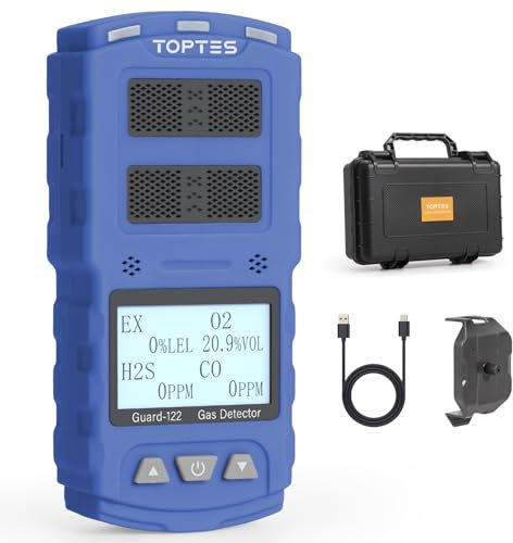 TopTes Guard-122 Rilevatore Gas, Monitor 4 Gas (H2S, CO, LEL, O2), Allarmi Vibrazione, Sonori, Visivi, Sicurezza Antiesplosione, Per Lavoro, Casa