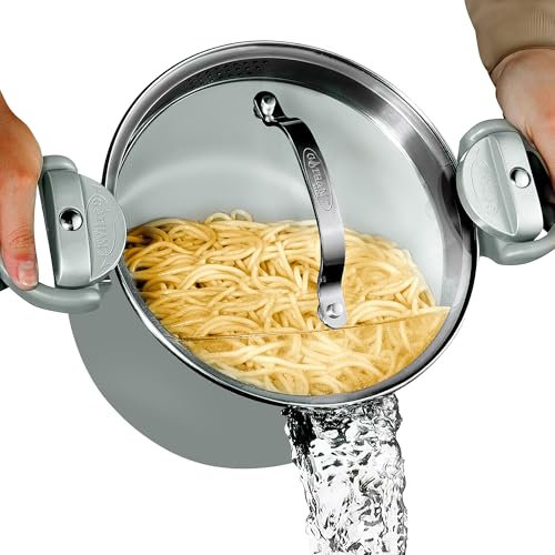 Gotham Steel 5 Quart Stock Pot Multipurpose Pasta Pot with Strainer Lid & Twist and Lock Handles, Ceramic Nonstick Cooking Pot + Pasta Strainer Pot with Lid, Spaghetti Pot, Dishwasher Safe